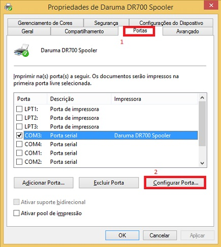 Na tela que aparecer configure os Bits por Segundo conforme informado no auto teste de sua impressora.