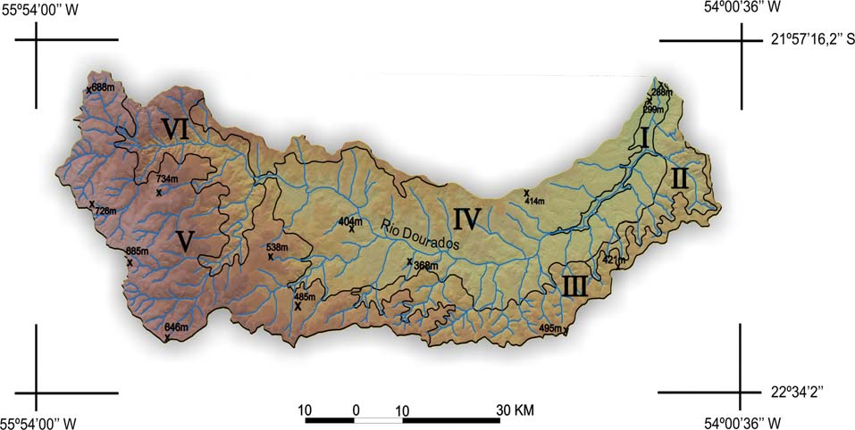Figura 2 Unidades de relevo da Bacia do rio Dourados, MS: I - Planície Fluvial (PF); V - Superfície Dissecada do Arenito Caiuá (SDAC); VI - Topos Aplanados do Arenito Caiuá (TAAC); VII - Superfície
