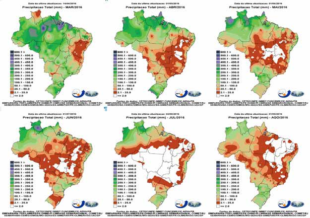 Conforme a Figura 5 é possível observar que nos últimos seis meses as chuvas registradas foram inferiores a 100 mm, concentradas em março e abril, quando a colheita já estava em andamento.