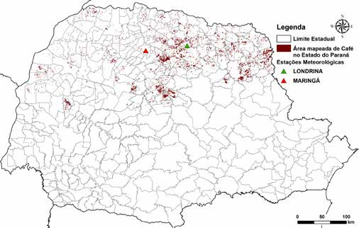 Figura 24 Mapeamento do café no Paraná A ocorrência de chuvas acima da média em setembro e outubro favoreceu a ocorrência e o pegamento das floradas da safra 2016.