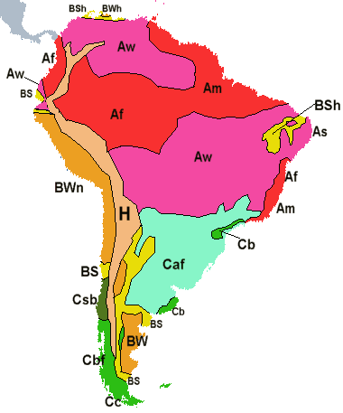 CLIMAS DA AMÉRICA DO SUL A. Tropical B. Seco C. Baixas latitudes médias S. Semi-árido W. Árido H. Montanhosa a. verões quentes e longos b. verões quentes e curtos c.