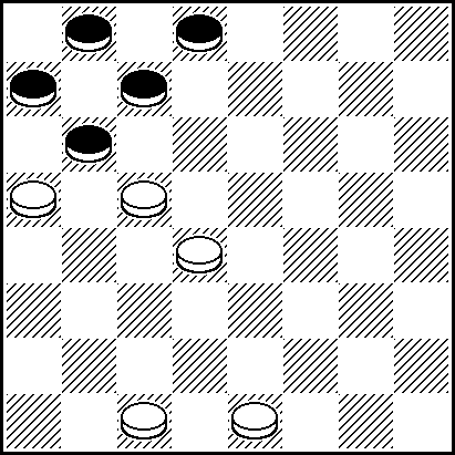 No bloqueio do diagrama 79 as três pedras brancas a5, c5 e d4 imobilizam as quatro pedras pretas a7, b6, b8 e c7. Depois de 1. e1-f2 d8-e7; 2. f2-g3 e7-f6; 3.