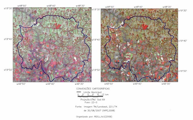 3. Resultados e Discussão Para a interpretação visual na tela do computador das imagens TM/Landsat de 30/08/2007 e 16/08/2008 foi gerada no SPRING as composições coloridas 3b4r5g, georreferenciadas e