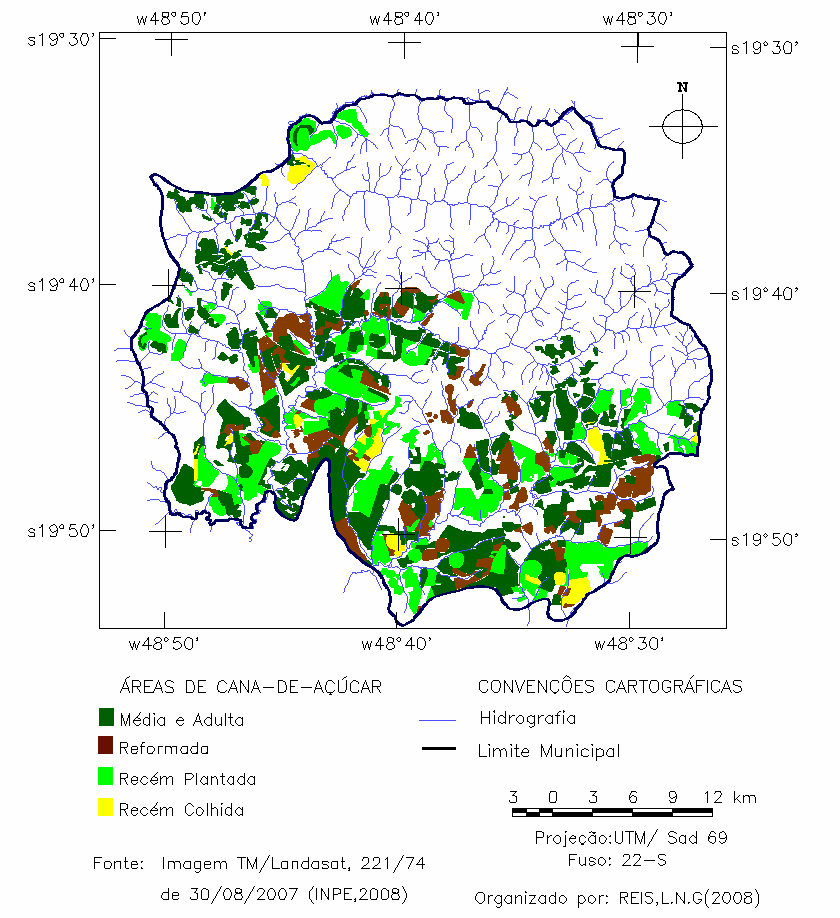 Figura 6. Distribuição espacial da Cana-de-açúcar no município de Campo Florido em 2007.