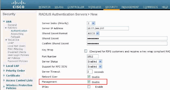 2. 3. Verifique a caixa de verificação de gerenciamento a fim permitir que o ACS controle os usuários WLC segundo as indicações da figura em etapa 1. Então, o clique aplica-se.