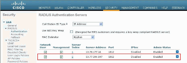 Esta opção do sibilo está igualmente disponível na página do servidor radius configurado no WLC GUI na aba da autenticação de Security>RADIUS.