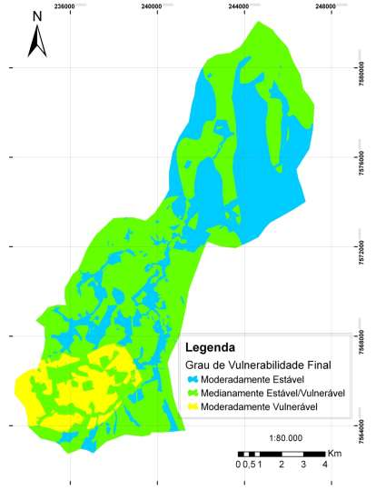 Partindo desse agrupamento de valores e sua classificação, temos como resultado o mapa abaixo (FIGURA 4) contendo três grupos de grau de vulnerabilidade.