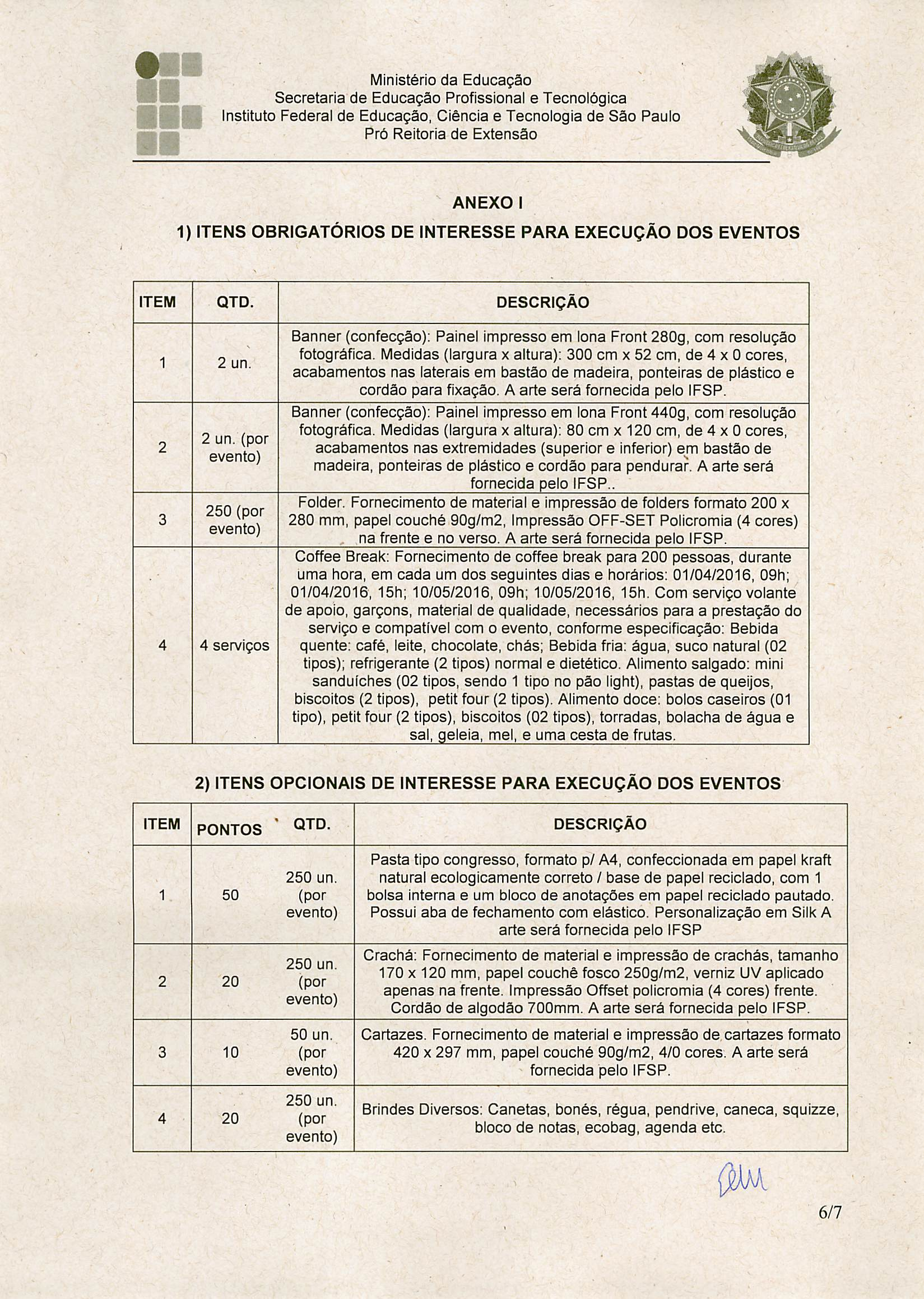. 8" ANEXO I 1) ITENS OBRIGATÓRIOS DE INTERESSE PARA EXECUÇÃO DOS EVENTOS ITEM QTD. DESCRIÇÃO 1 2 un. 2 3 2 un.