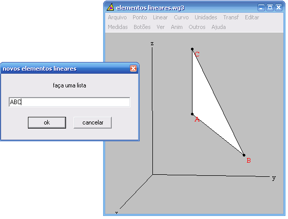 Oficina Wingeom 30 3.2 Linear Neste item encontramos opções nas quais podemos construir planos e marcar alturas relativas a retas, planos, reta à reta e normais ao plano.