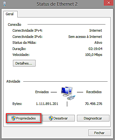 Figura 16 - Informações básicas de rede A janela Status de Conexão local será exibida, clique em Propriedades.