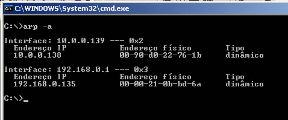 Comando ARP Opções: -a: mostra todas as entradas -d host:
