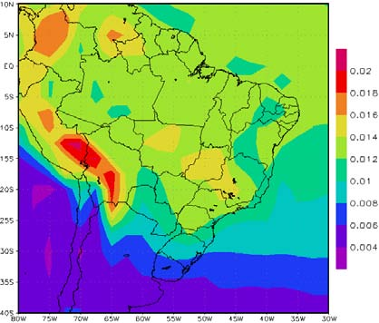 10º a 20ºS e 60º a 65ºW, uma circulação anticiclônica denominada de Alta da Bolívia (AB), a qual é um dos sistemas que provoca precipitação sobre a