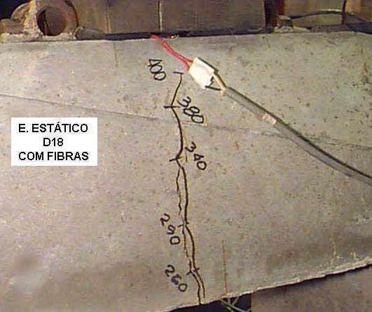 Não se notou a existência de qualquer fibra rompida nas trincas observadas. Fig. 9 - Configuração das fissuras na ruptura, dormentes modificados D15 e D16. Fig. 10 - Configuração das fissuras na ruptura, dormentes modificados D17 e D18.