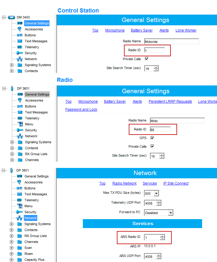 8 9. ID do Rádio ARS (apenas para rede IP Site Connect) Verifique as configurações dos rádios no CPS.