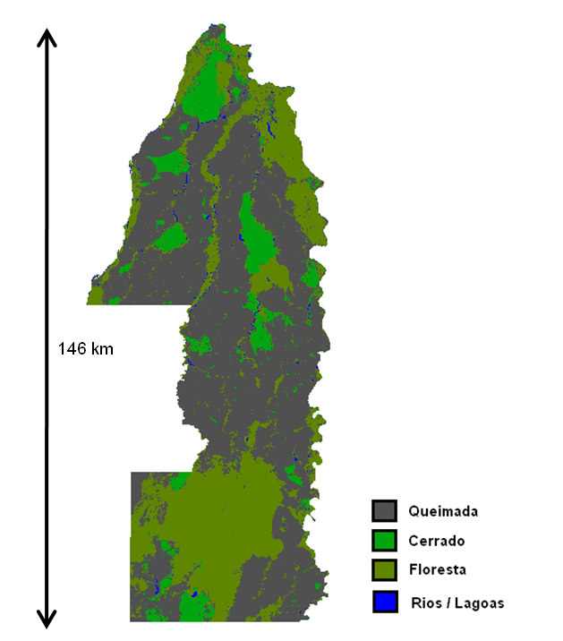 6 Área total: 5.500 km 2 Área queimada: 3.100 km 2 ( 56%) PARQUE NACIONAL DAS EMAS O Parque Nacional das Emas, localizado no sudoeste tem Goiás, tem 1330 km 2 de extensão Figura 7.