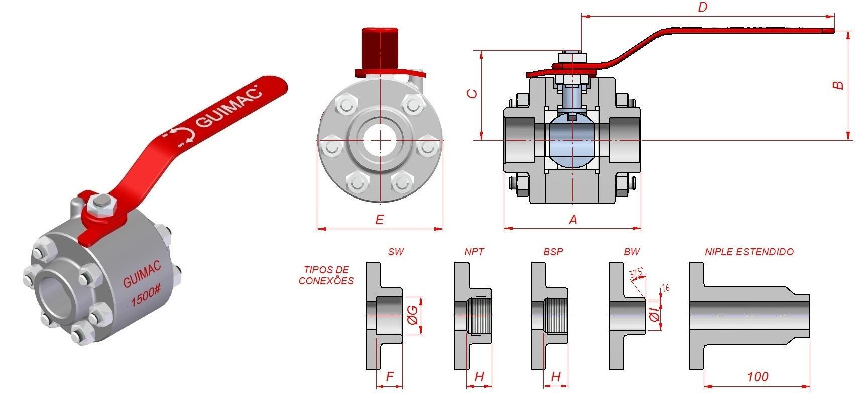 VÁLVULA ESFERA - TRIPARTIDA -PASSAGEM PLENA - CLASSE 1500# * Construção Norma: ASME B16.