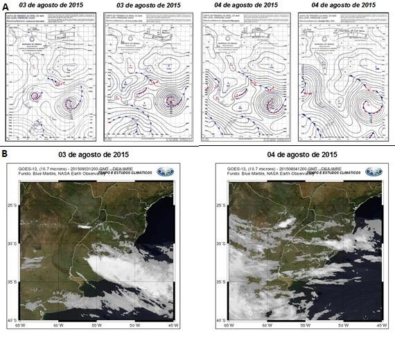 Figura 3 - A Cartas sinóticas de superfície dos dias 3 e 4 de agosto de 2015. B Imagens do satélite Goes12 para os dias 3 e 4 de agosto de 2015. Fonte: A - Marinha do Brasil (2015).