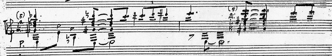 - Fig. 1. Manuscrito de Radamés Gnatalli, Concertino n. 2, c. 27-28. Radamés escreve p (polegar), m (médio), i (indicador), a (anular) e o número 5, entre parênteses.