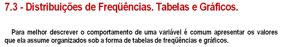 7.3.1 Tabelas de Freqüências para Variáveis Qualitativas Em uma Tabela de Freqüências para uma variável qualitativa: Cada linha corresponde a uma categoria possível da variável.