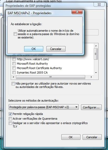 3.8. Na janela EAP-MSCHAP v2-propriedades, certifique-se que a opção existente não está seleccionada. Clique em OK em todas as janelas abertas. 3.9.