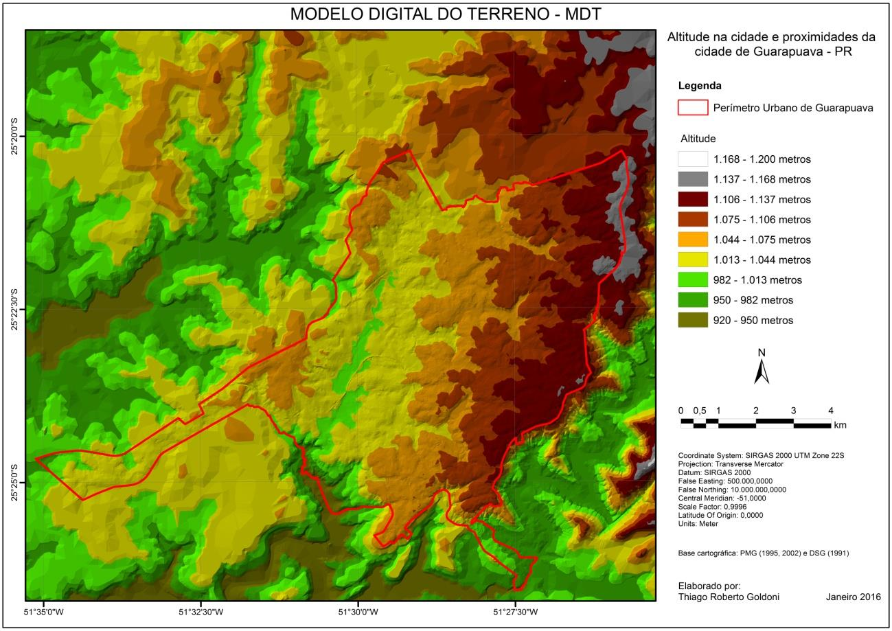 Figura 2 - Modelo Digital do Terreno (3D) na área urbana de Guarapuava-PR e entorno. A altimetria na cidade de Guarapuava varia de 920 a 1.160 metros de altitude (Figura 3).