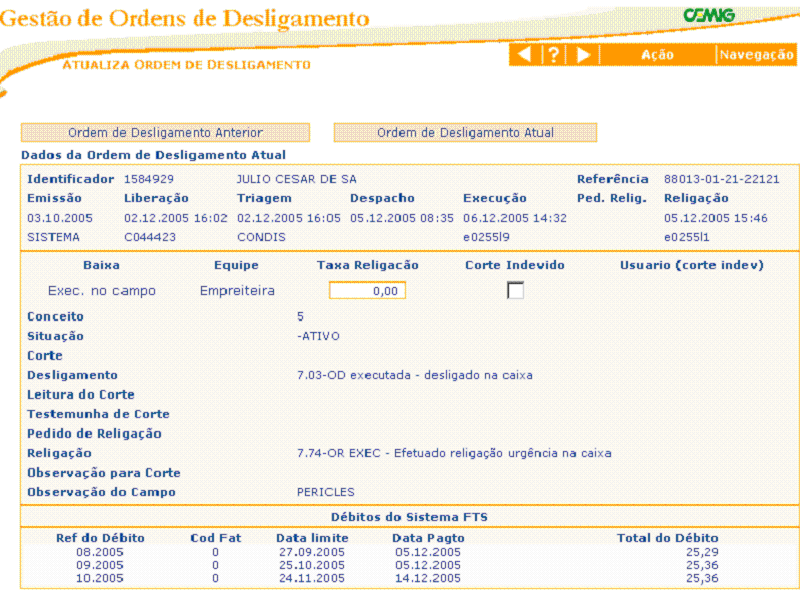 Permite ainda, comandar revisita para todos consumidores desligados que não solicitaram religações; identificação do empregado em cada etapa e operações realizadas; emissão de relatórios, dentre os