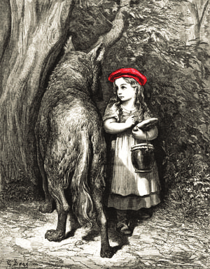 Chapeuzinho Vermelho encontra o lobo na floresta (Ilustração de Gustave Doré).