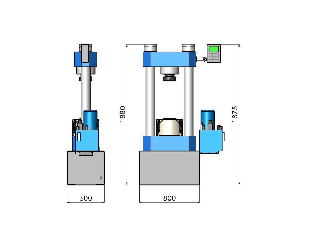 Características técnicas PC 200 C Peso Aproximado - 1320 kg Altura útil de ensaio - 505 mm Distância entre colunas - 385 mm Pressão de trabalho - 315 kgf/cm 2 a 200 tf Curso máximo do