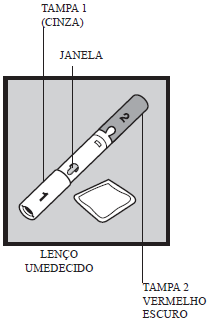 9. Somente retire as tampas no momento da aplicação da injeção. Com uma mão, segure a caneta na parte cinza.