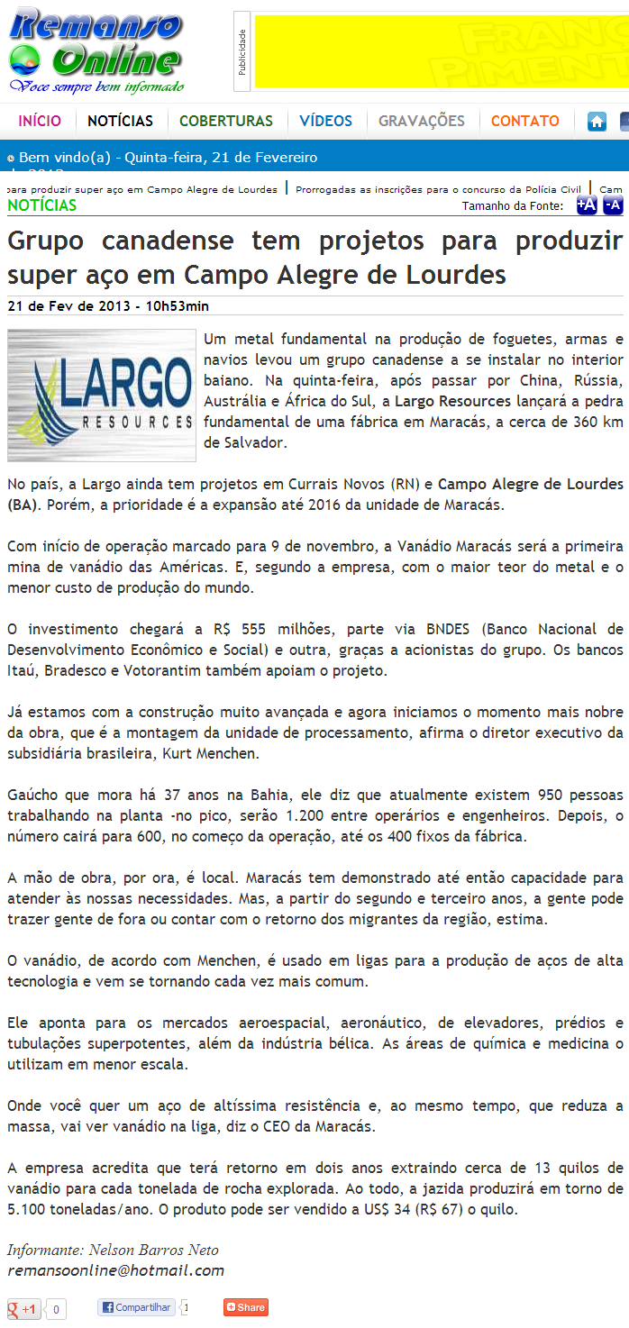 Veículo: Portal Remanso on line Data: 21/02/2013 Hora: 10.53h Editoria: Início Cidade: Remanso Link: http://www.remansoonline.