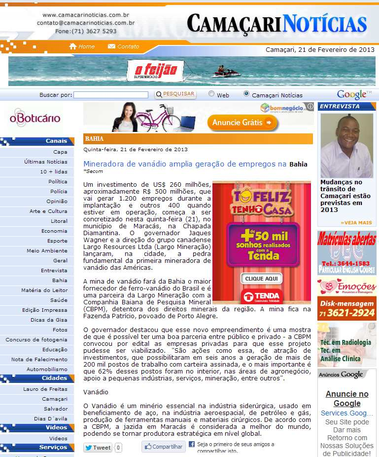 Veículo: Portal Camaçari Notícias Data: 21/02/2013 Hora: 11.