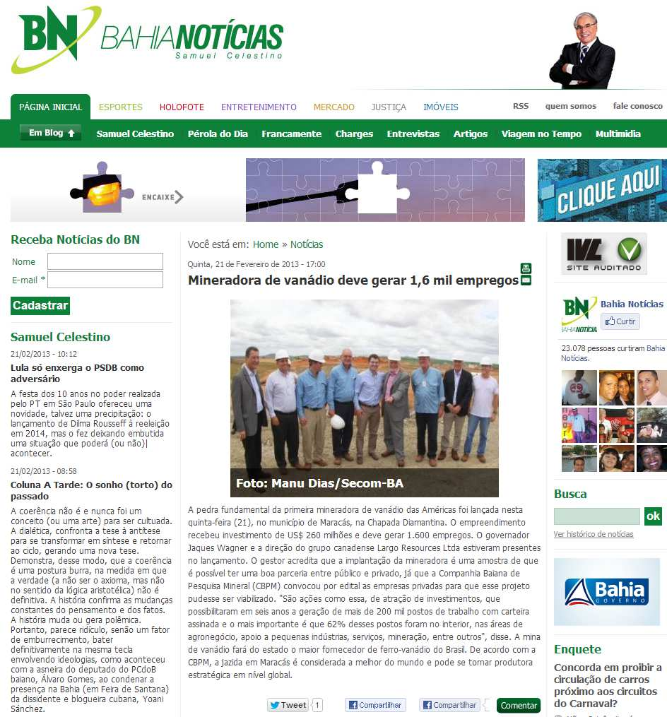 Veículo: Portal Bahia Notícias Data: 21/02/2013 Hora: 17.