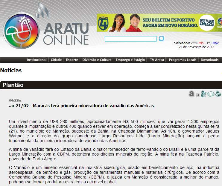 Veículo: Portal Aratu on line Data: 21/02/2013 Hora: 06.