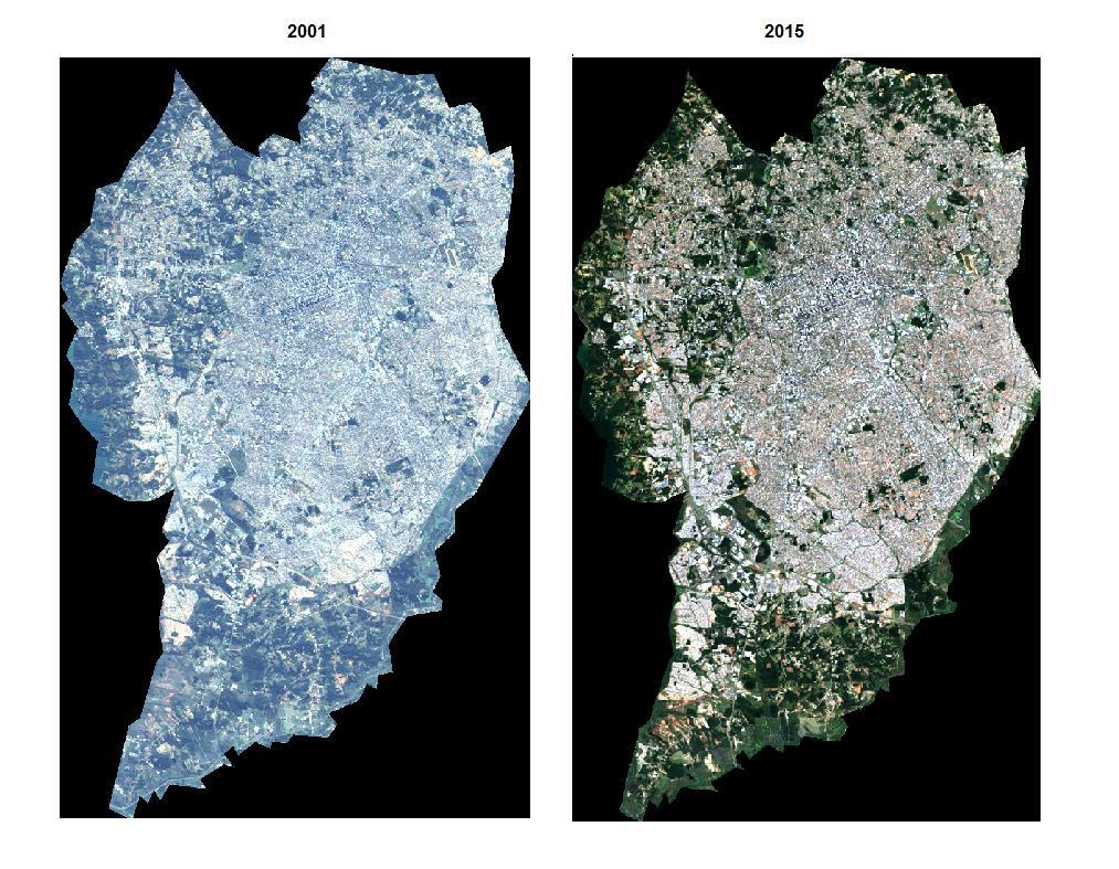 Figura 1. Evolução da ocupação do Solo de Curitiba de 2001 a 2015. Fonte: Landsat-5 (2001) e Landsat-8.(2015) Acessado em 2016. Elaborado por:silva,j.b E ROSEGHINI,W.F.F (2016) As imagens raster