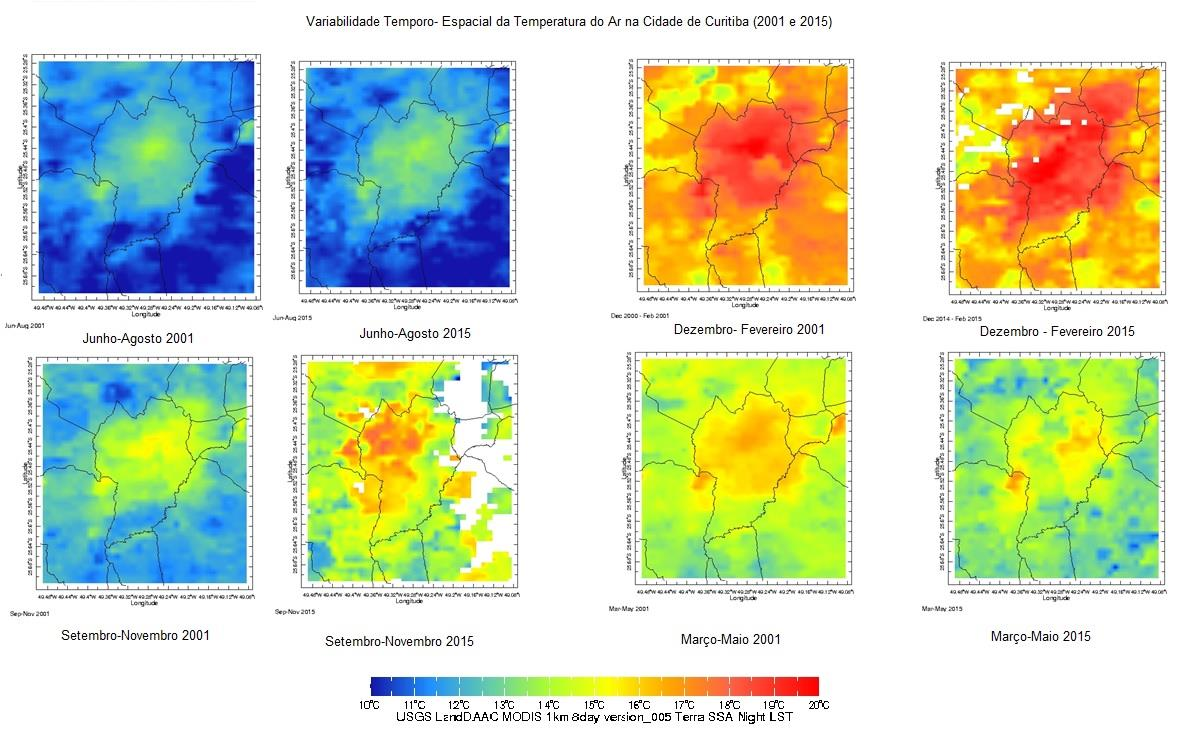 Figura 2. Variabilidade Temporo- Espacial da Temperatura do Ar na Cidade de Curitiba. Temperaturas médias sazonais de superfície para os anos de 2001 e 2015. Fonte: IRI Data Library, 2016.