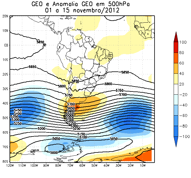 Figura 10: Altura geopotencial e anomalia de geopotencial em 500 hpa para o mês de novembro de 2012. 4.