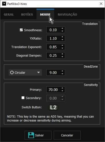 Configuração dos parâmetros de tradução da movimentação do mouse: Smoothness: Habilita a suavização dos valores lidos do mouse. Quanto maior mais suave fica a movimentação.