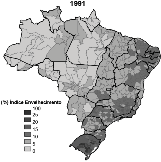 GEOGRAFIA / HISTÓRIA 31 No mapa abaixo, é exibido o índice de envelhecimento no Brasil. Disponível em: <https://confi ns.revues.org/docannexe/image/10548/img-8.png>. Acesso em: 2 jul. 2016.