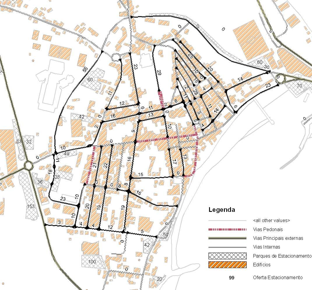 Estacionamento Oferta de Estacionamento: 100 Metros Vias Vias em em obras Obras Vias Pedonais Vias Principais Externas Vias Internas Oferta Parque Estacionamento Edificado Oferta Estacionamento na