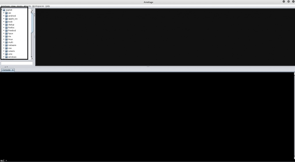 Podemos observar no canto superior esquerdo da tela do Armitage as pastas, as quais contém quatro tipos de módulos do Metasploit; Esta é a maneira como o Metasploit organiza os módulos, o exploit e
