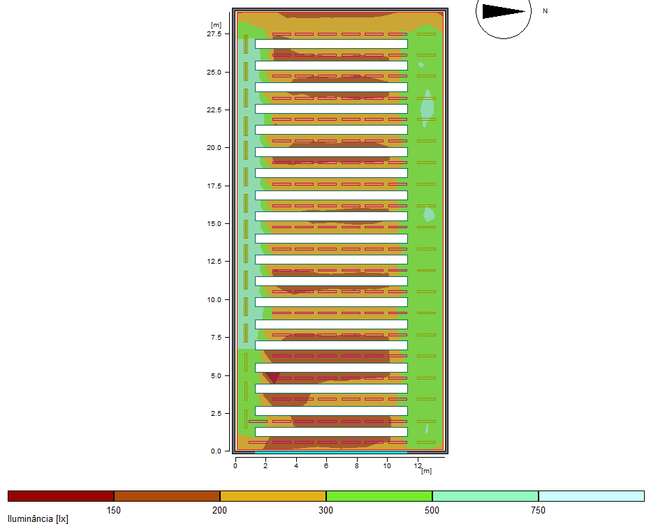 Figura 12 - Níveis de iluminância da lâmpada de 28w com 50% de fluxo luminoso. Iluminamento Iluminância (lux) mínimo 166 médio 310 máximo 745 Quadro 7 - Níveis de iluminamento obtidos pela simulação.