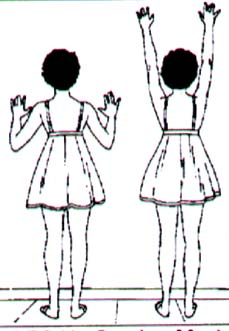 deve colocar os dedos sobre os ombros e realizar movimentos de antepulsão e retropulsão de ombro; 4- elevar os ombros como se fossem tocar as orelhas, soltar; e 5- braços esticados e firmes, realizar