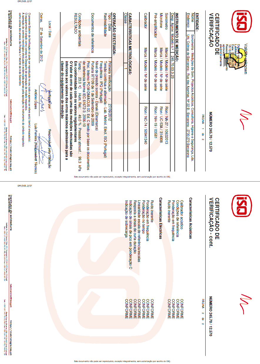 Certificado de Verificação do Sonómetro 13.