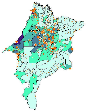 Medicina (Ribeirão Preto) 2014;47(4): 00- Barbosa DRM, Almeida MG, Santos AG. Figura 3A Distribuição espacial de casos de hanseníase segundo município de residência do paciente.