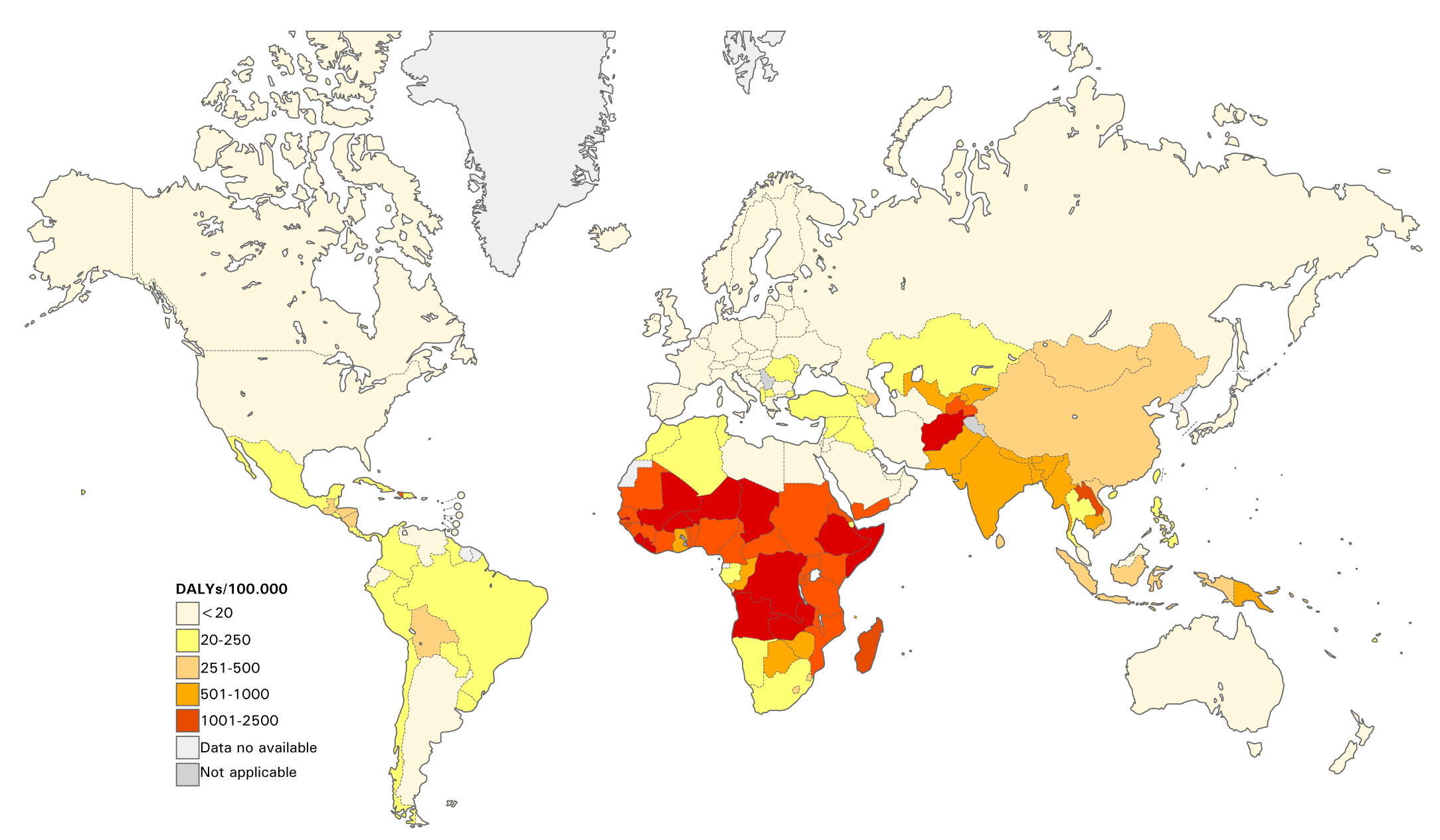 8 Licenciatura em Ciências USP/Univesp Módulo 5 Figura 1.6: Prevalência da população que utiliza combustíveis sólidos no domicílio, 2010. / Fonte: Adaptado de (OMS), 2012. Figura 1.7: Anos vividos a menos ou com limitação, atribuídos à poluição no interior dos domicílios, 2004.