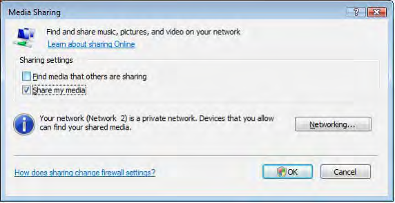 1 Windows Media Player v11 no Windows Vista 2 Definir para partilha de rede No Windows Media Player, seleccione Library
