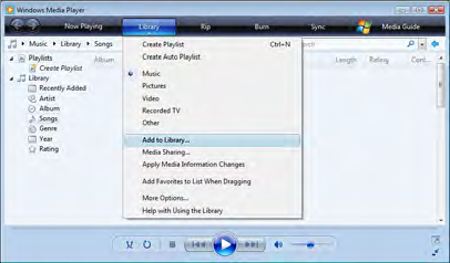 Definir pastas para partilha No Windows Media Player, seleccione Library (Biblioteca) a partir do menu e seleccione Add to Library (Adicionar à Biblioteca).