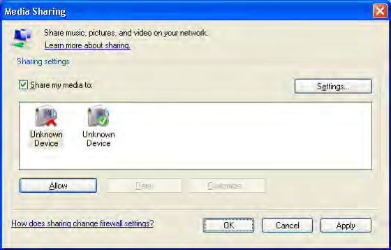 Windows Media Player v11 no Windows XP Definir para partilha de rede 1 No Windows Media Player, seleccione Library (Biblioteca) a partir do menu e seleccione Media sharing (Partilha de Multimédia).