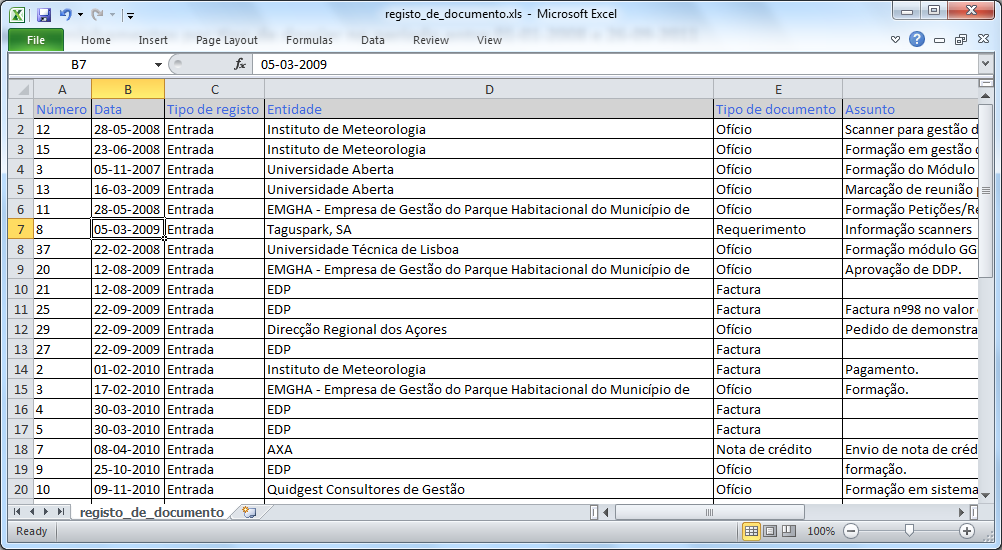 Exportação de informação A solução permite a exportação do conteúdo de listagens de registos para um ficheiro Excel (desde que se disponha pelo menos da versão 2003 do Microsoft Office) em que os