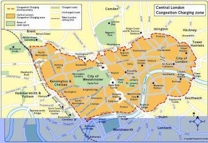 Pedagio urbano de Londres: Mais de 100 million/ano para o transporte público e as bicicletas - Zona de 38km 2-200,000